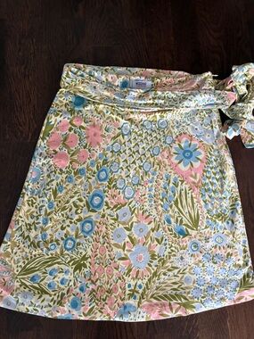 Moschino Floral Wrap Skirt in Pastel Blue, Pink & Olive Green